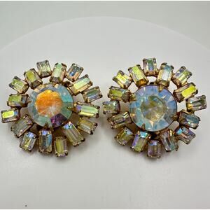 1950s vintage gold tone aurora borealis AB glass rhinestones clip on earrings